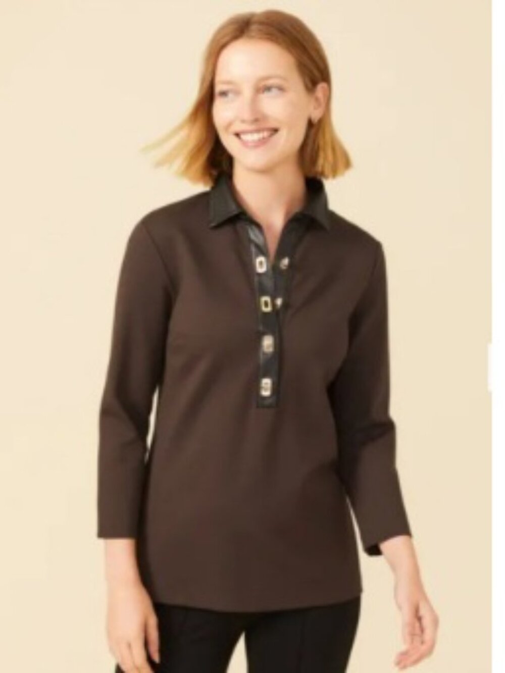 J. McLaughlin Nadine Polo Top with Leather Trim